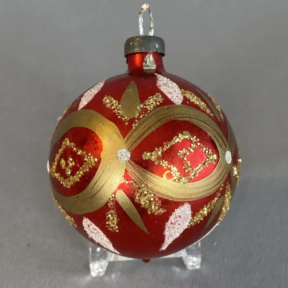 Vintage Christmas Red Gold Glass Ball Ornaments Hand Painted Glitter Holiday